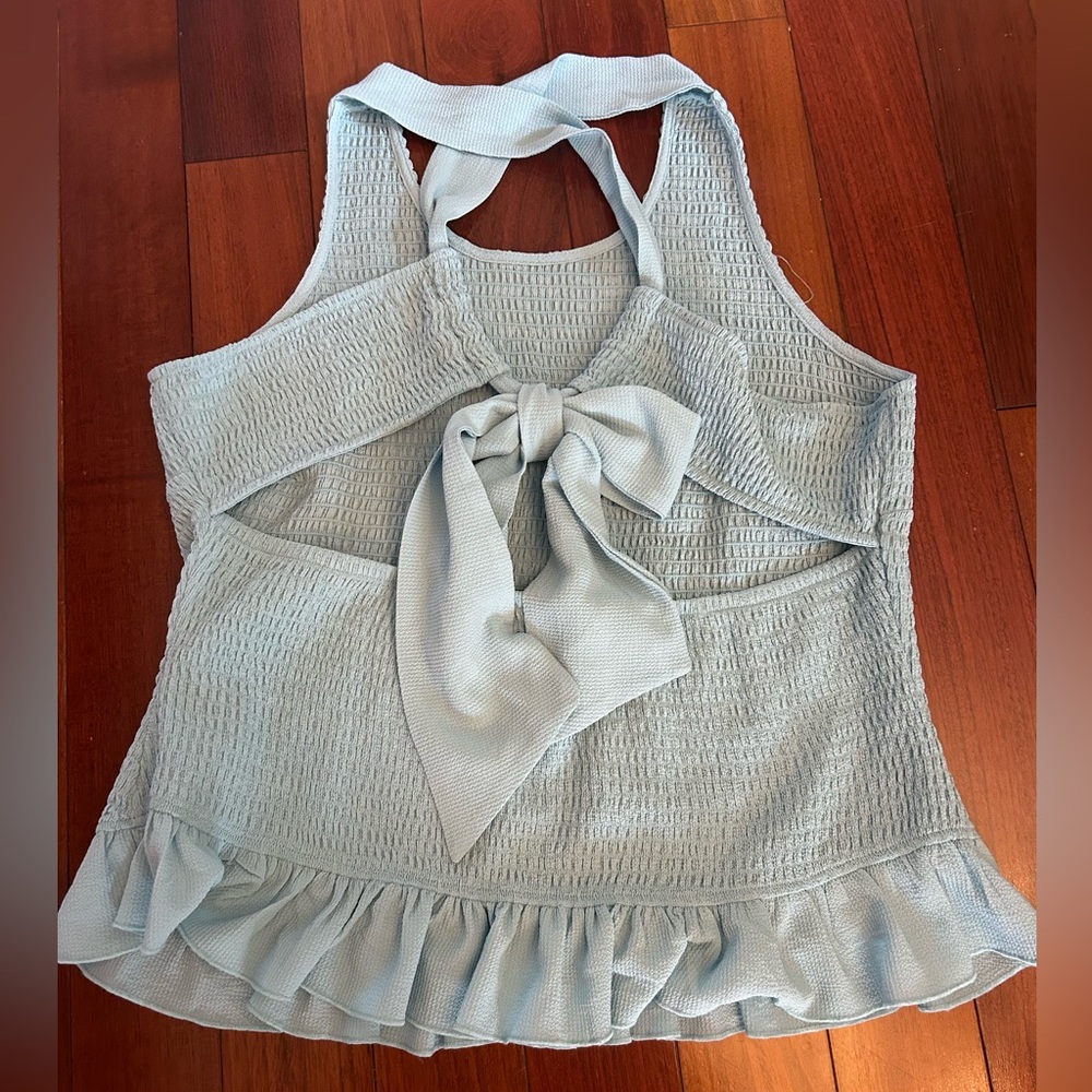 Stretchy tie back tank top baby blue peplum tank